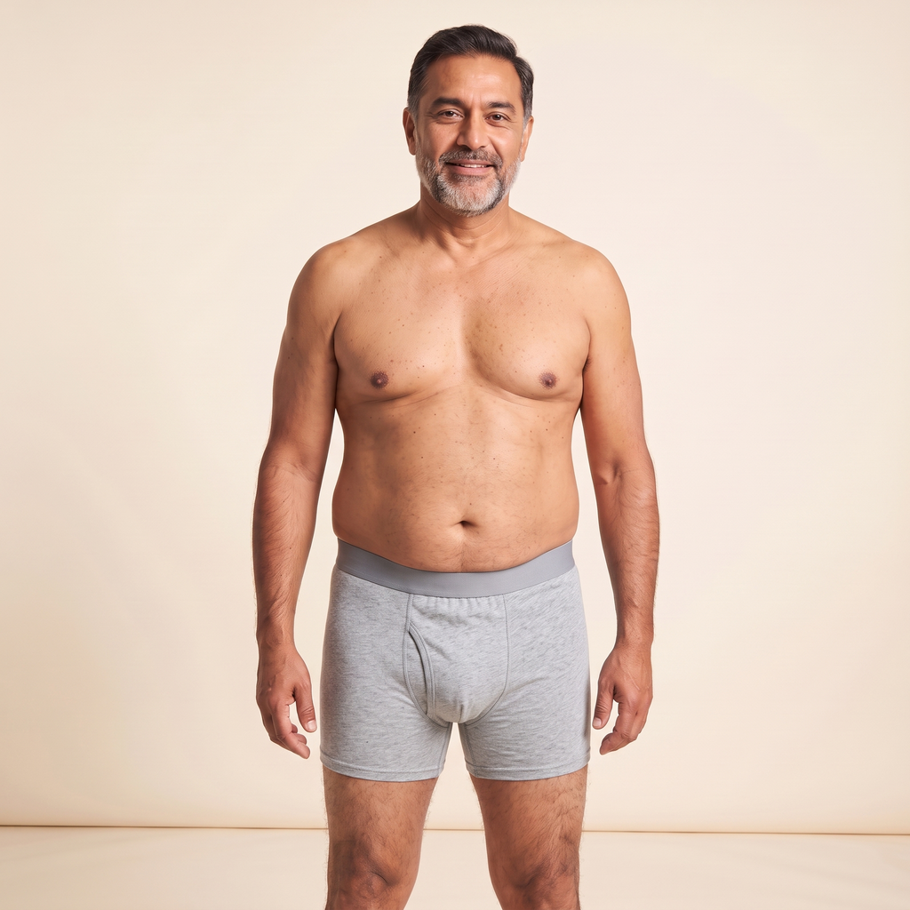 Man wearing grey Cotton Classics boxer briefs